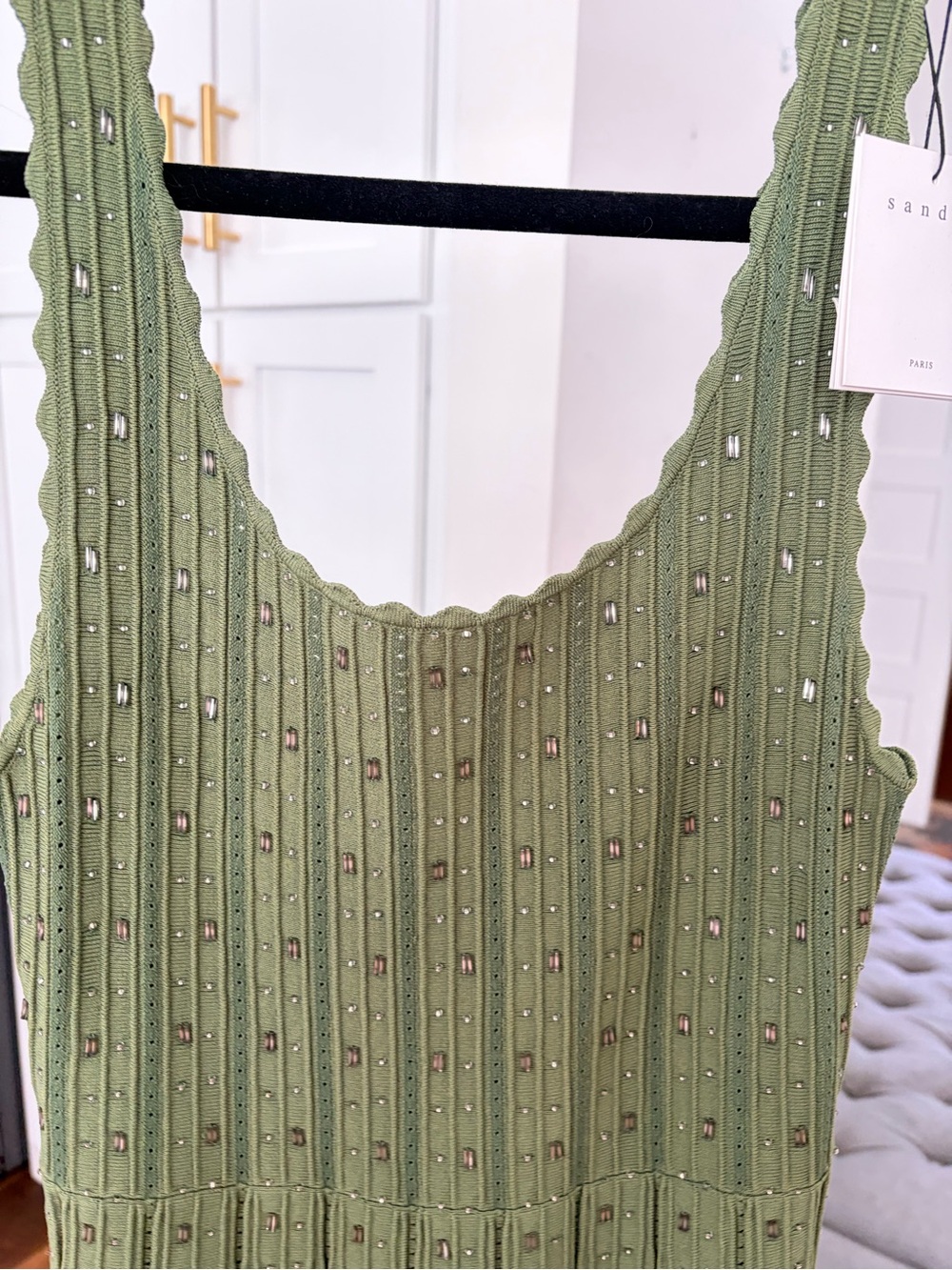 NWT! Sandro Kaki Dress, Beaded Olive Green Sleeveless Knit. Size 36 (Org. $395!) - Picture 4 of 9